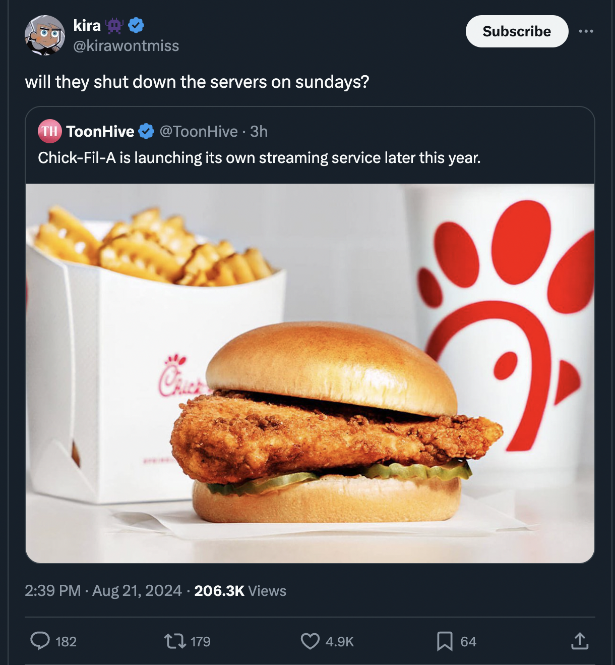 chick fil a chicken antibiotics - kira Subscribe will they shut down the servers on sundays? ToonHive . 3h ChickFilA is launching its own streaming service later this year. Views 182 1179 64